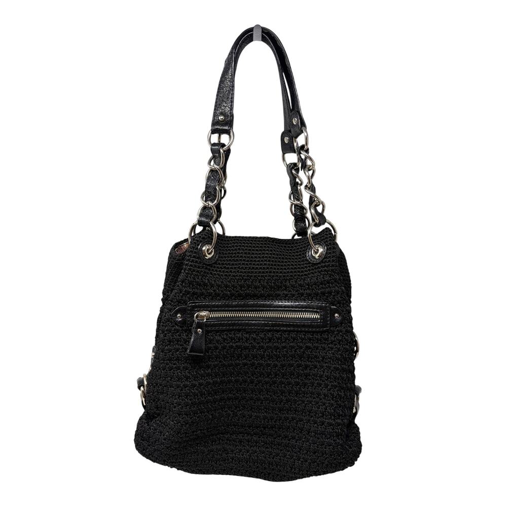The Sak Crochet Woven Shoulder Bag Black Purse Handbag Chain +Leather Straps